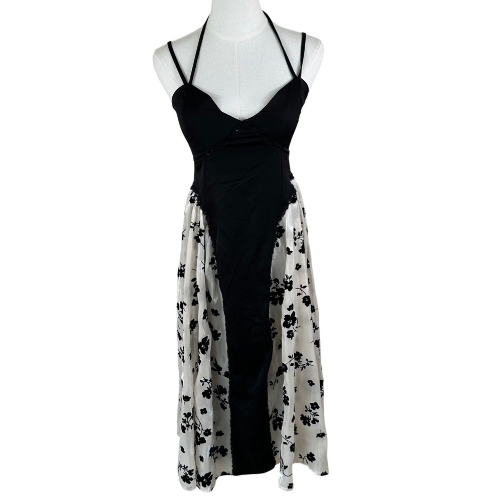 Y2K Babydoll Satin Midi Dress Women S Black Floral Coquette Halter Goth Romantic